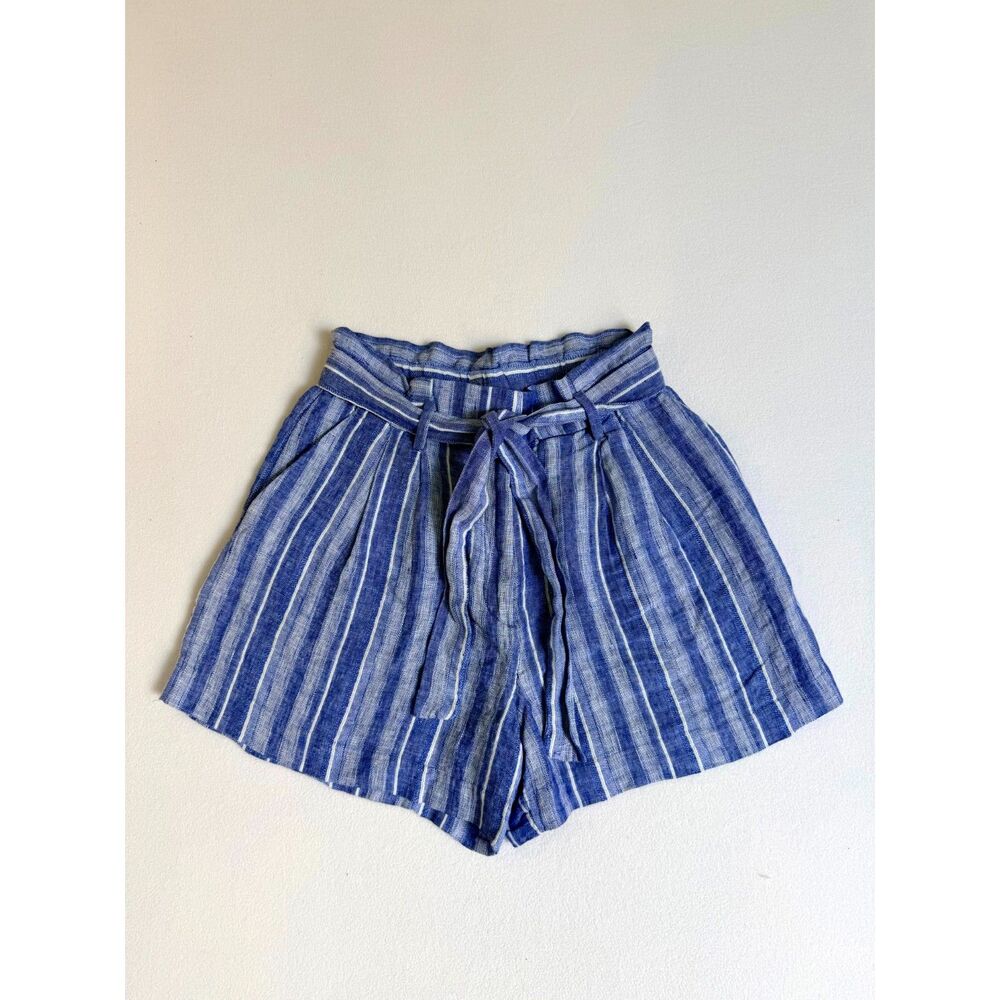 H&M Women’s Size 6 Blue White Striped Linen Blend Paperbag Belted Shorts - Picture 10 of 14